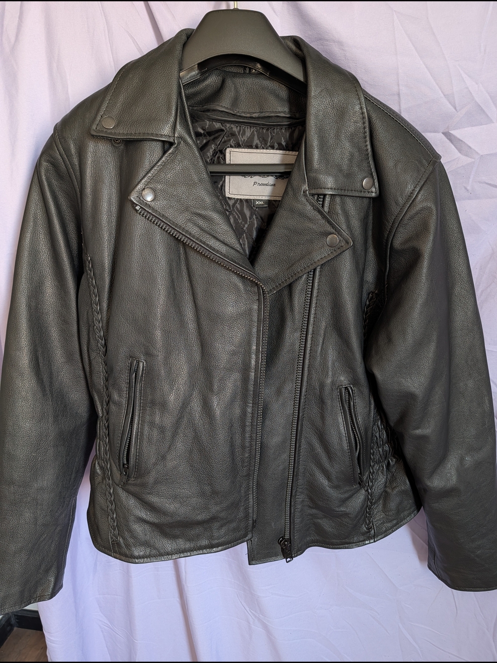 UNIK Leather Biker Jacket Gathered Waist With Braided Accent & Zip Out Liner